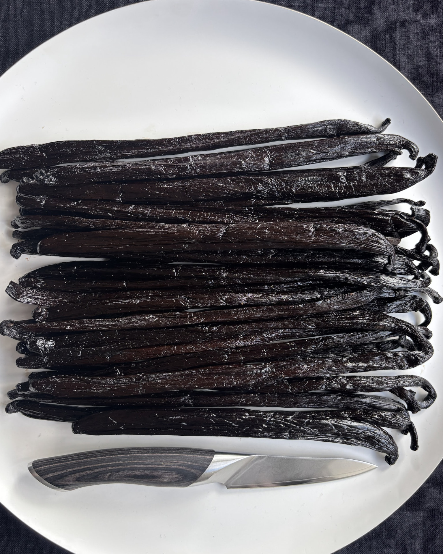 Lot de gousses de vanille Pompona de Madagascar avec un couteau pour l'échelle